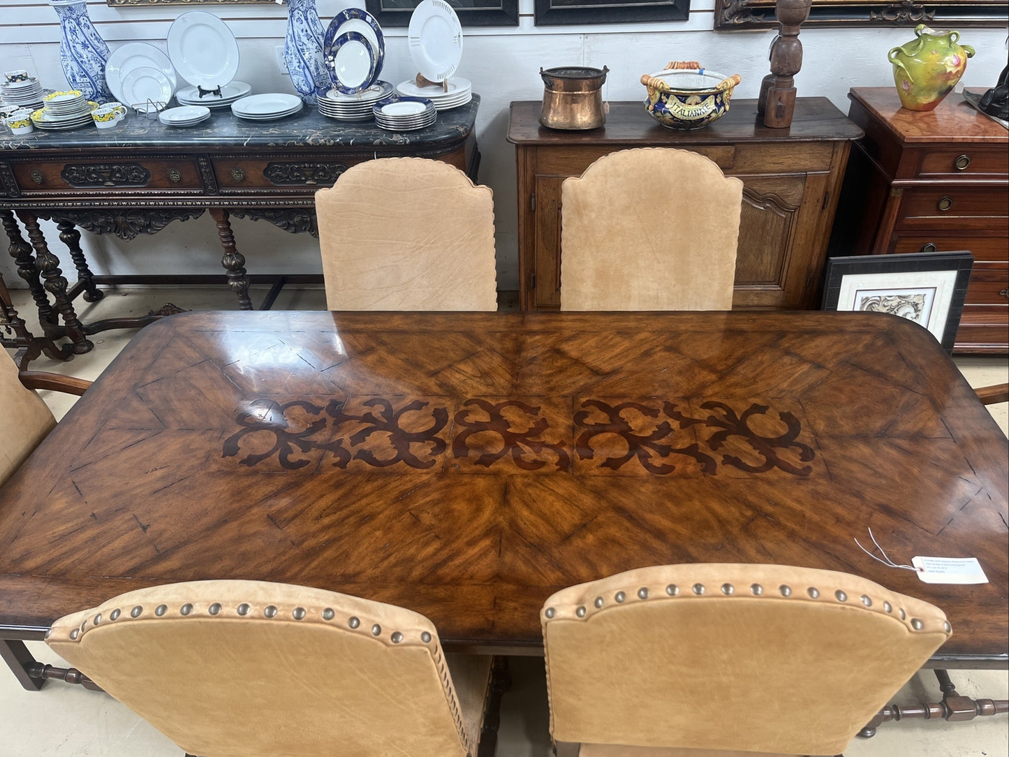 MAITLAND SMITH BAROQUE SPANISH STYLE DINING TABLE W/ INLAY & METAL STRETCHER 90”