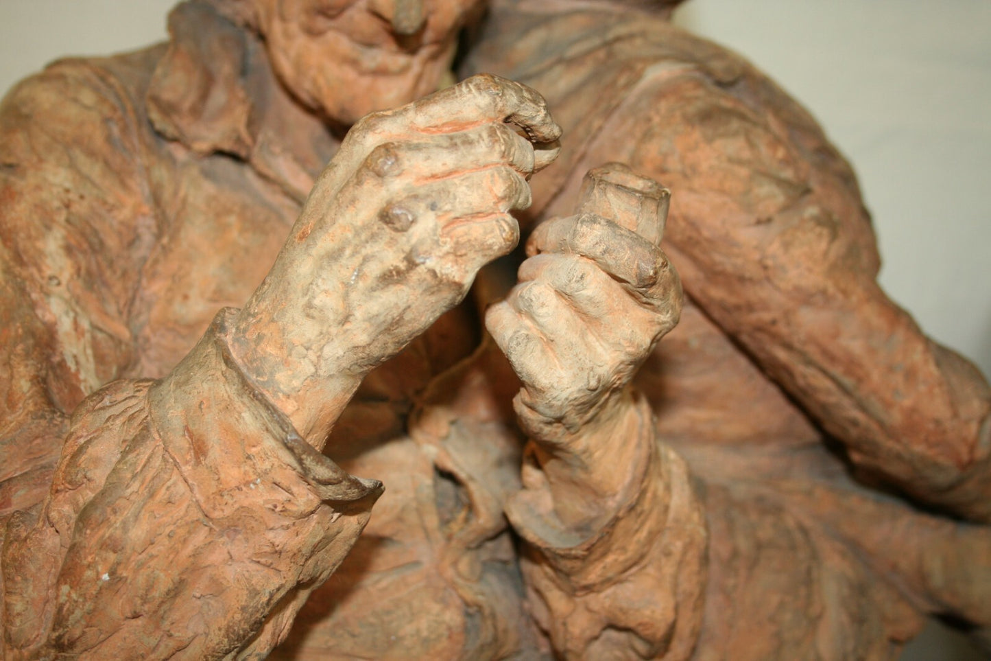 FRENCH TERRACOTTA SCULPTURE OLD HAPPY COUPLE W/ PIPE BUST FIGURES