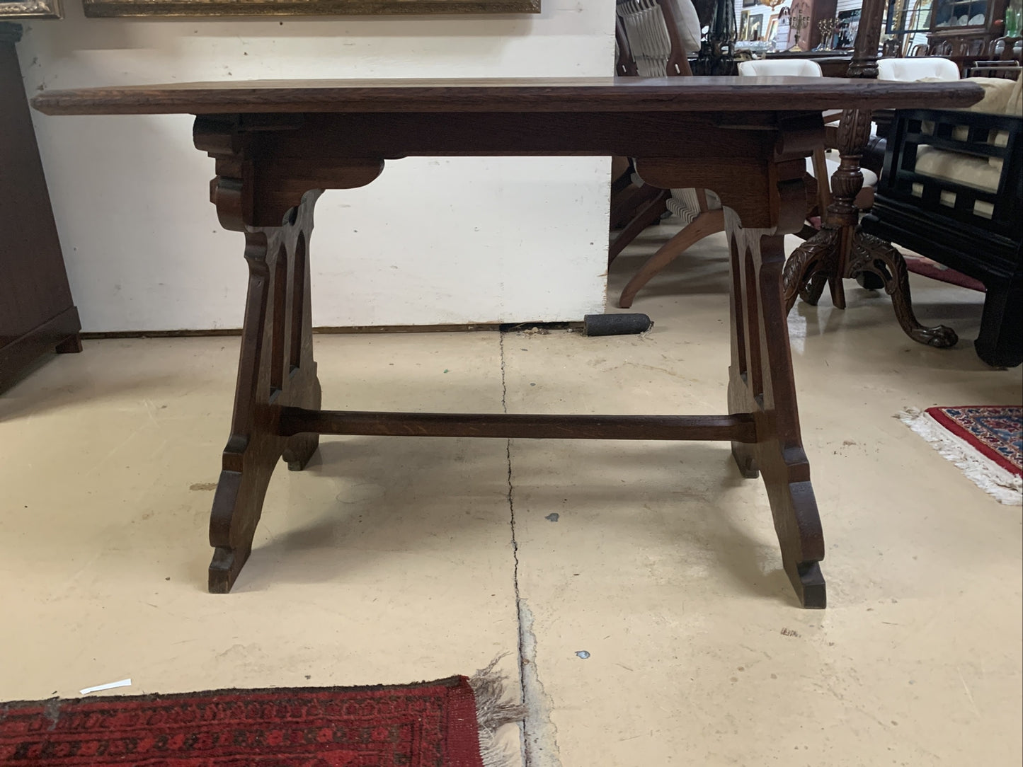 Antique French Solid Oak Gothic Ogee Writing Desk Table Bureau Plat Trestle