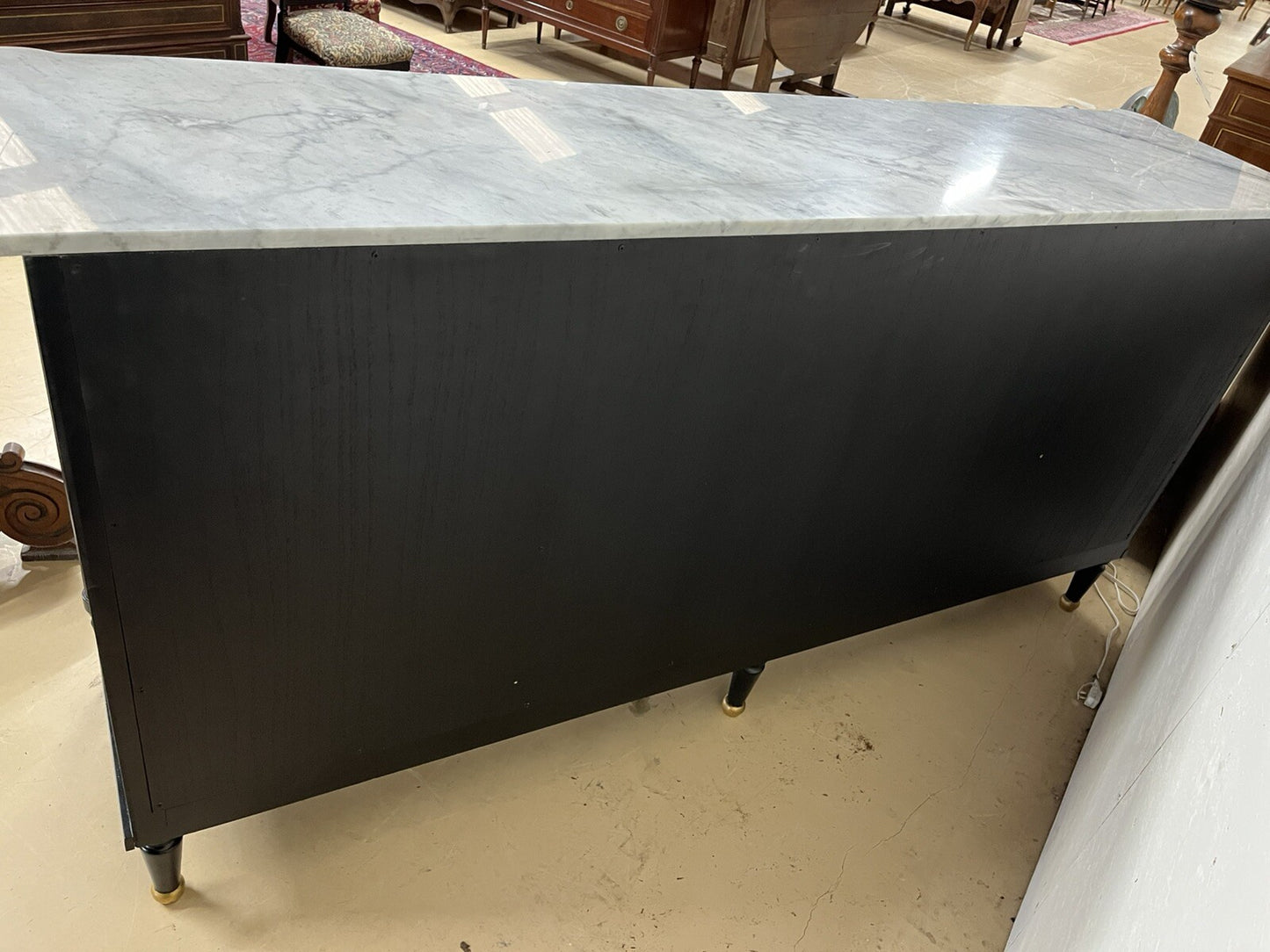 French Louis XVI Marble Top Black & Gold Cabinet Sideboard Cabinet Enfilade