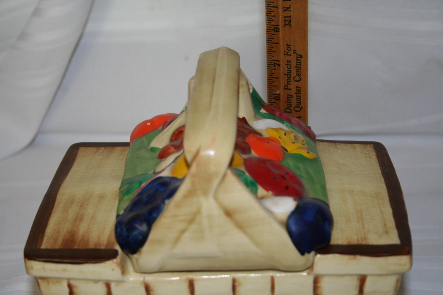 Vintage McCOY Pottery PICNIC BASKET Fruit Cookie Jar 7.5” X 8 1/4”