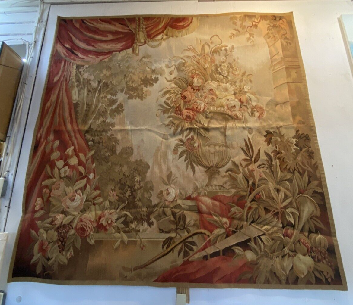 Large Oriental Aubusson Design Floral Tapestry 74x74"