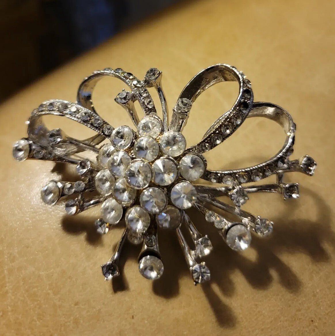 VINTAGE J.H.S. JHS Clear Rhinestones Crystals Pin Brooch Signed 3" x 2"