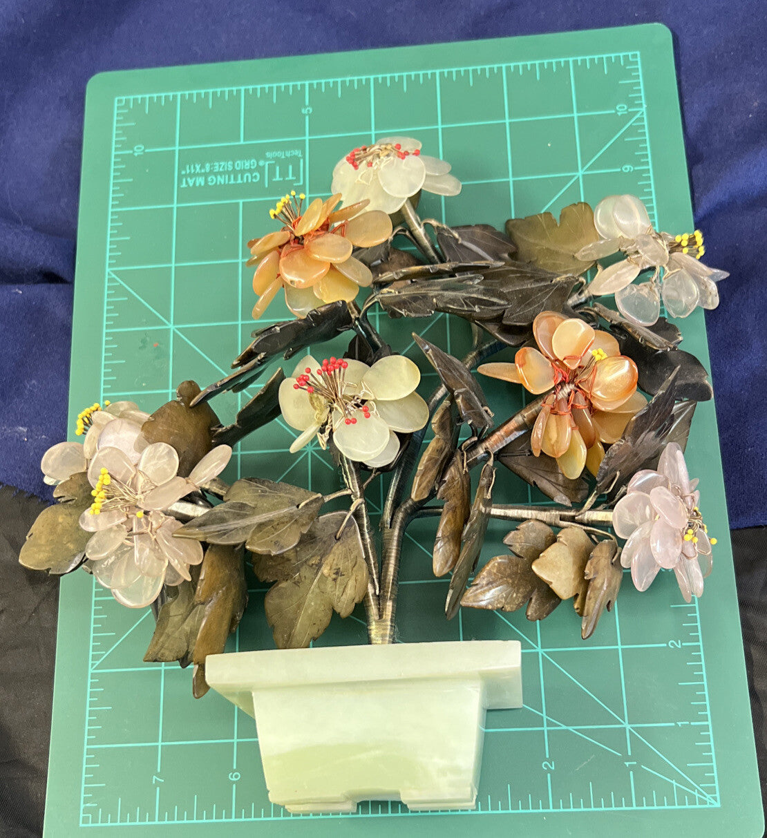 Chinese Tree of Life Bonsai Floral Mid Century Modern Jade Rose Quartz Agate 10"