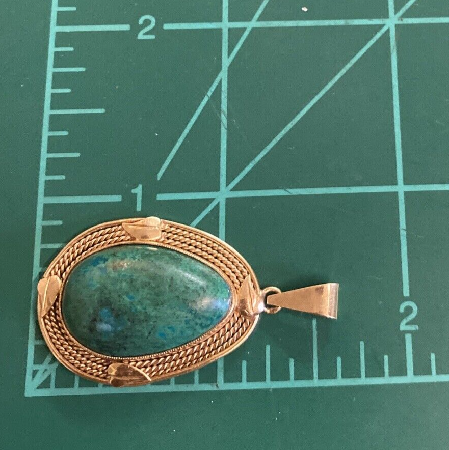 14k Gold VTG Israel Eilat Stone Cabochon Pendant Fine Jewelry 7.5g total