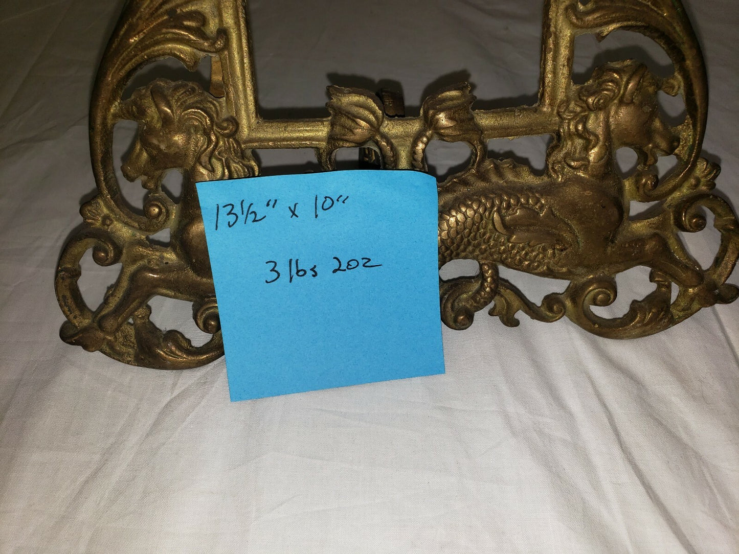 Antique Gilt Cast Iron Picture Frame Cherubs Sea Horses Tabletop w Leg H 13"