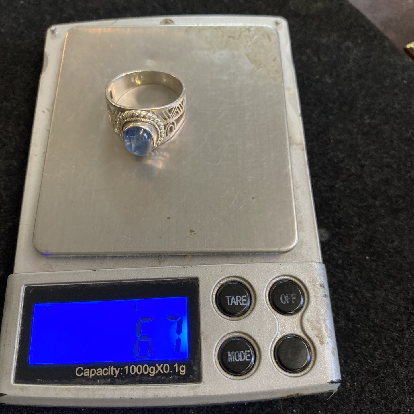 Sterling Silver 925 Blue Glass Stone Geometric Pattern Ring Sz 8.5 6.7g JM15