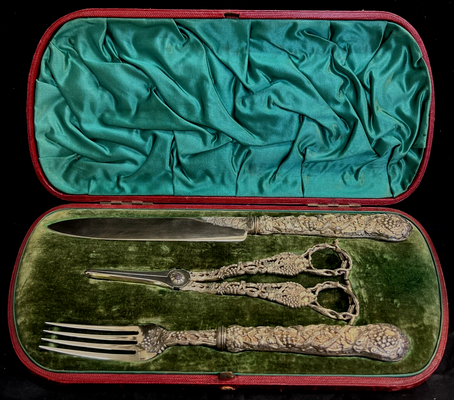 Ornate Gilt 3 Piece Dessert Set F Higgins Sterling Silver London 1896