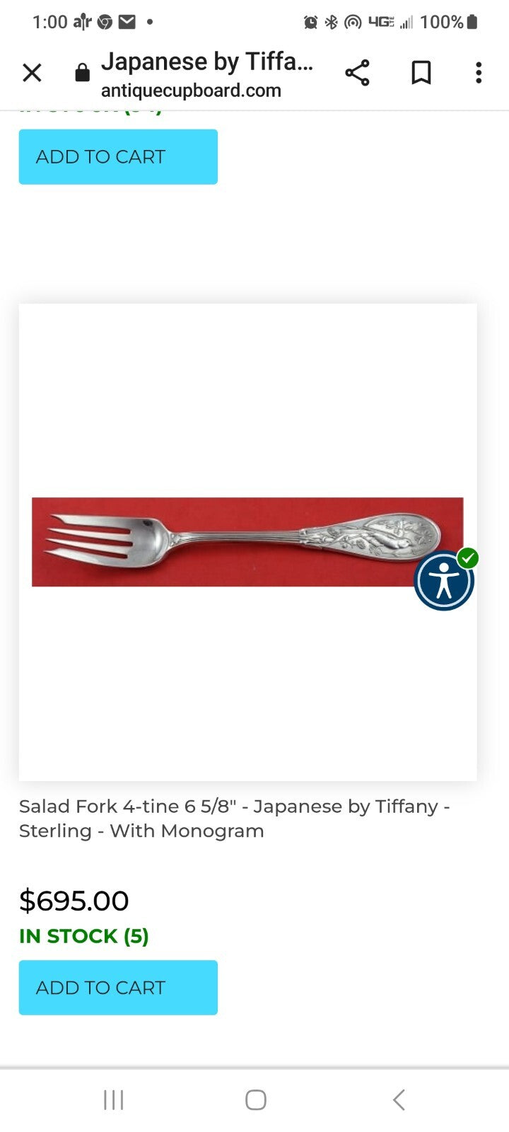 Japanese by Tiffany & Co Sterling Silver 6 3/4" Four Tine Salad Fork RARE mono S