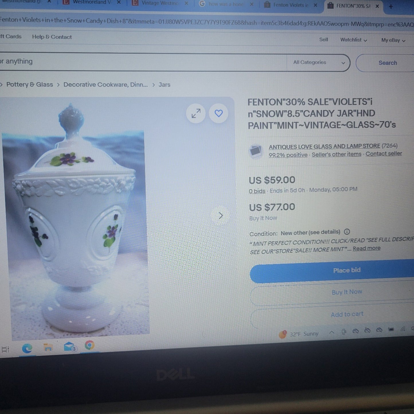 Fenton Candy Dish "Violets in the Snow" Milk Glass artist signed A Mullins