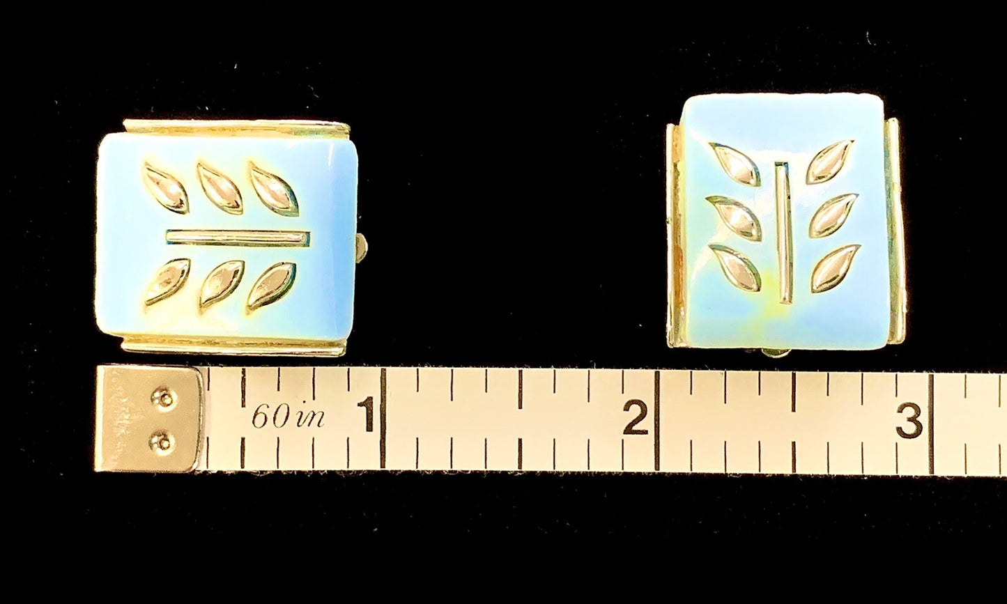 Rare Vtg Retro Signed Coro Blue Thermoset Silver Spikelet Clip Earrings MCM