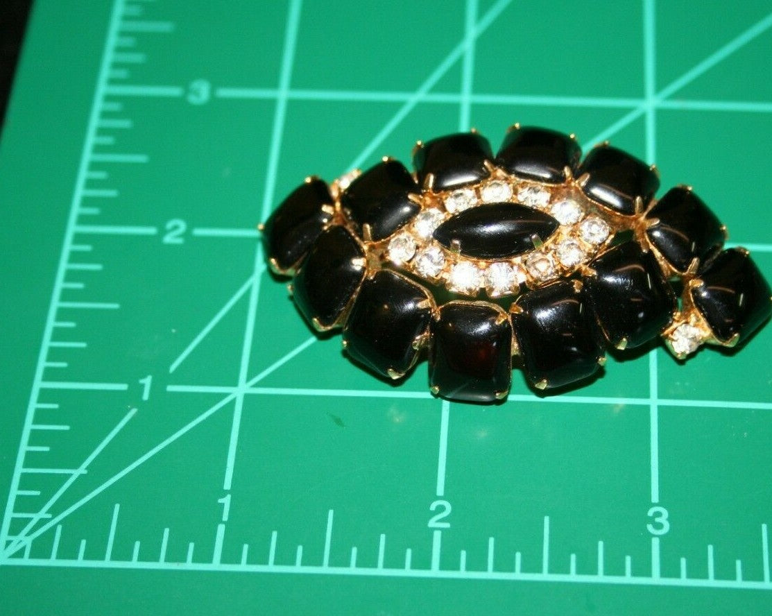 Vintage 3-D Onyx Black & Rhinestone Large Pin Brooch 2.5" x 1.5"