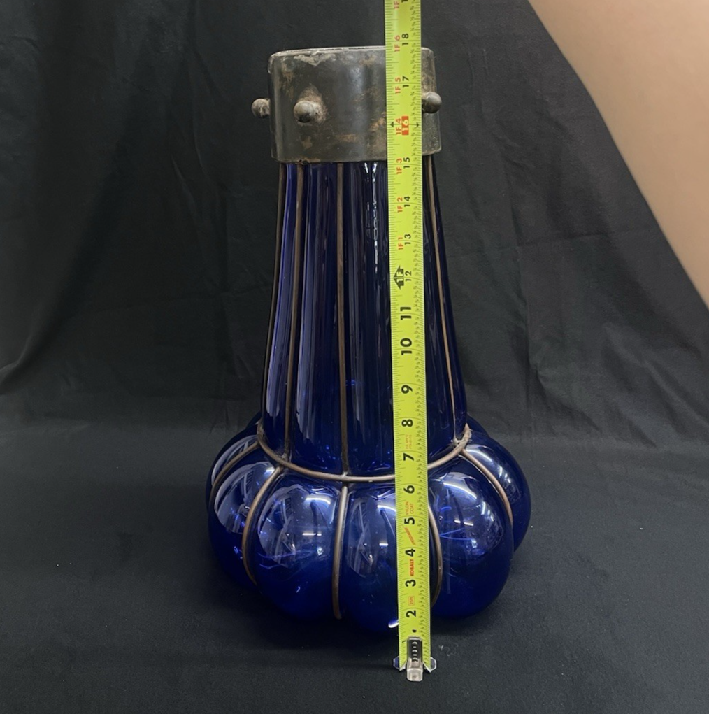 Murano Style Cylindrical Cage Bubble Blown Cobalt Glass Sculptural Ficture 18"