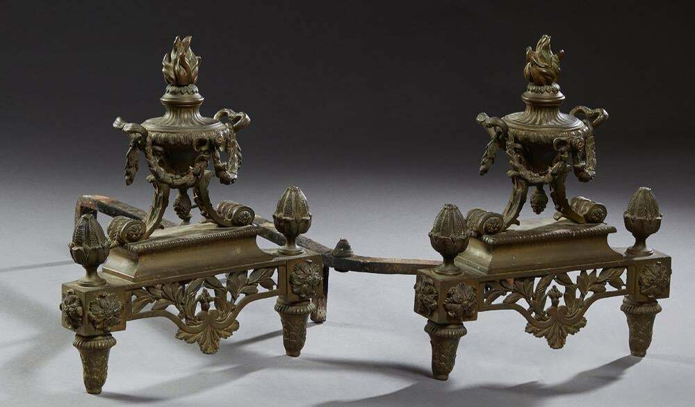 Pair Antique French Bronze Louis XVI Style Chenets Andirons Fireplace Fire Dogs