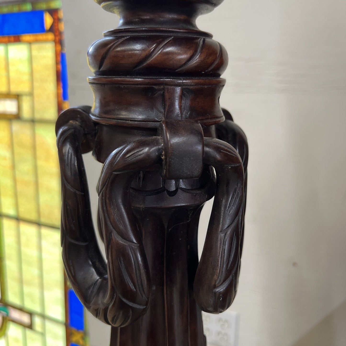 Pair of Classical Carved Mahogany Pedestal Plant Stands H 5 ft Scroll Base