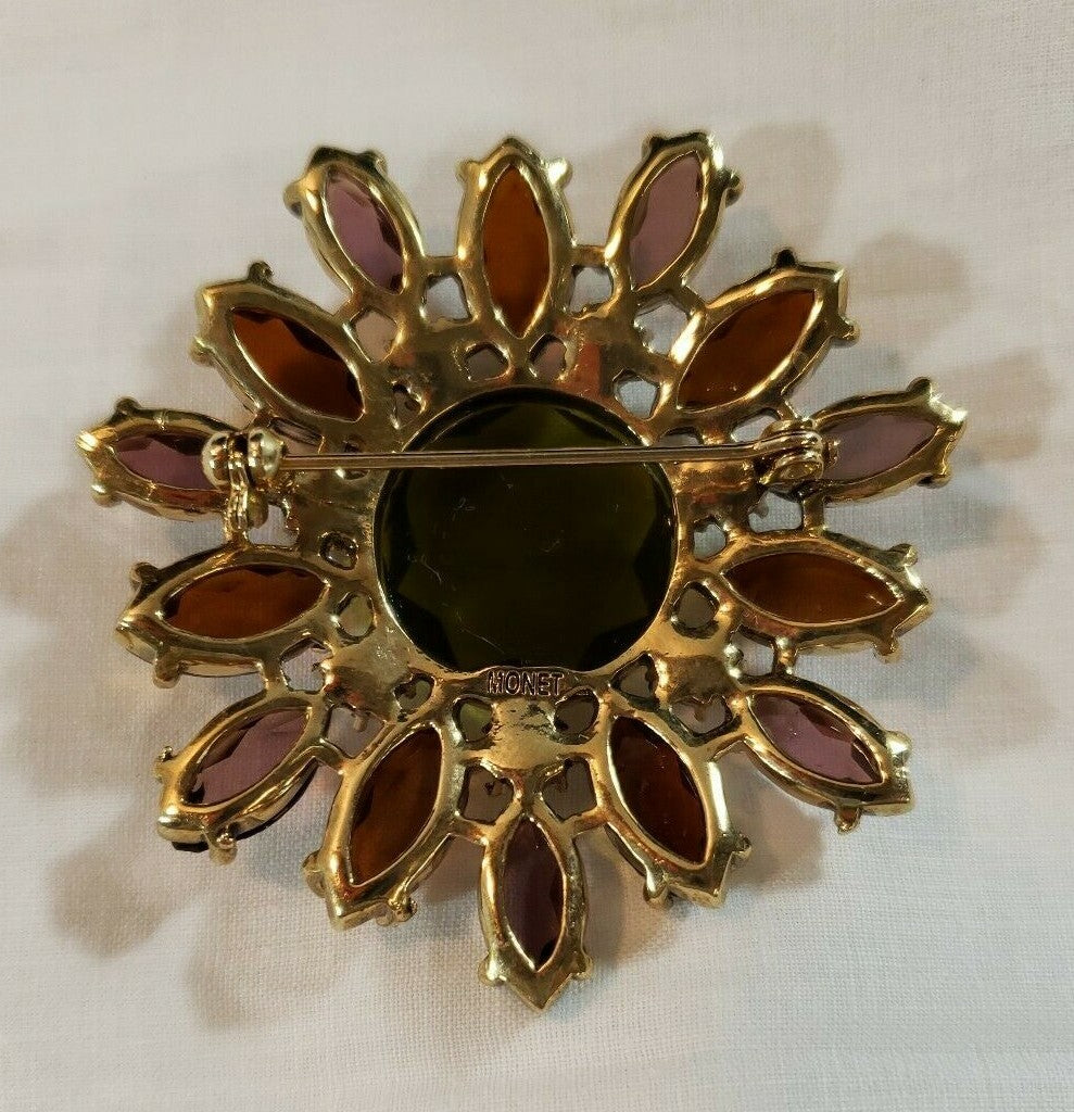 Vintage Signed Monet Topaz+ Green Rhinestone Round Brooch Flower Pin