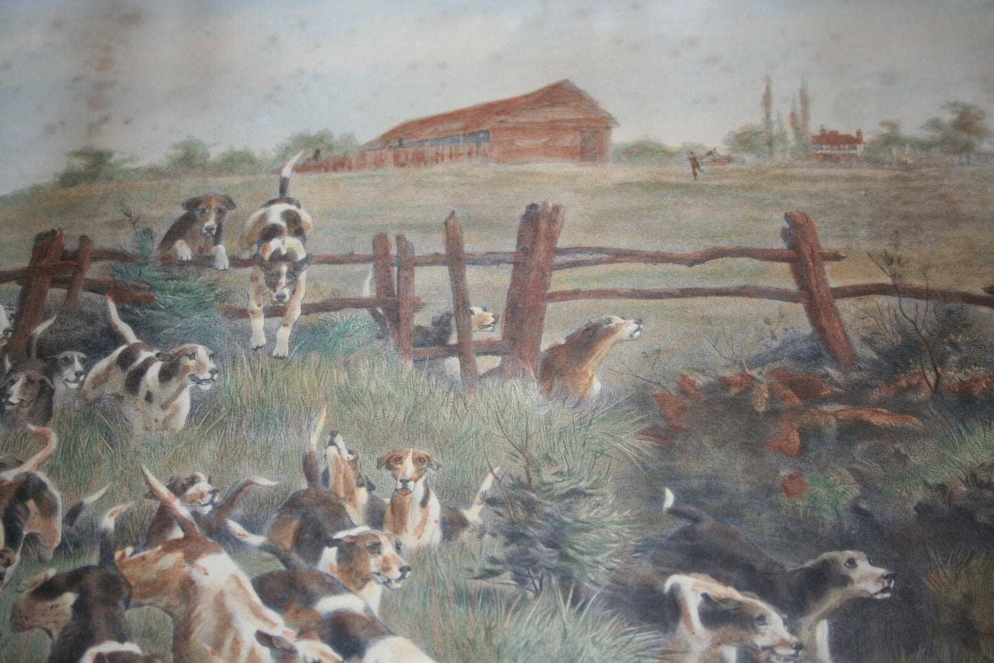 Large Framed Fox Hunt Framed Print Lithograph Engraving by Pratt 1887 Wood Frame