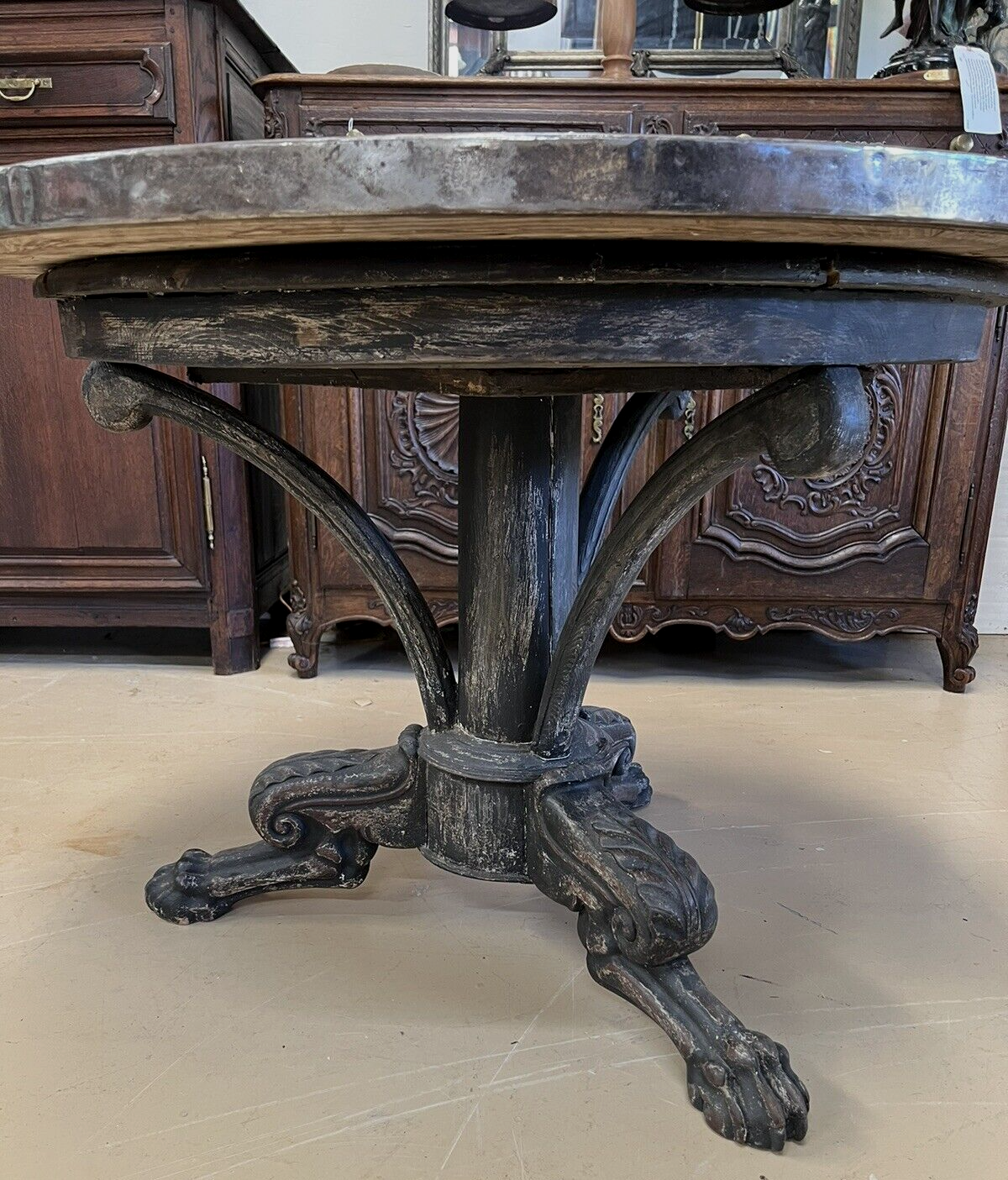 French gueridon table with planked top with stainless edge