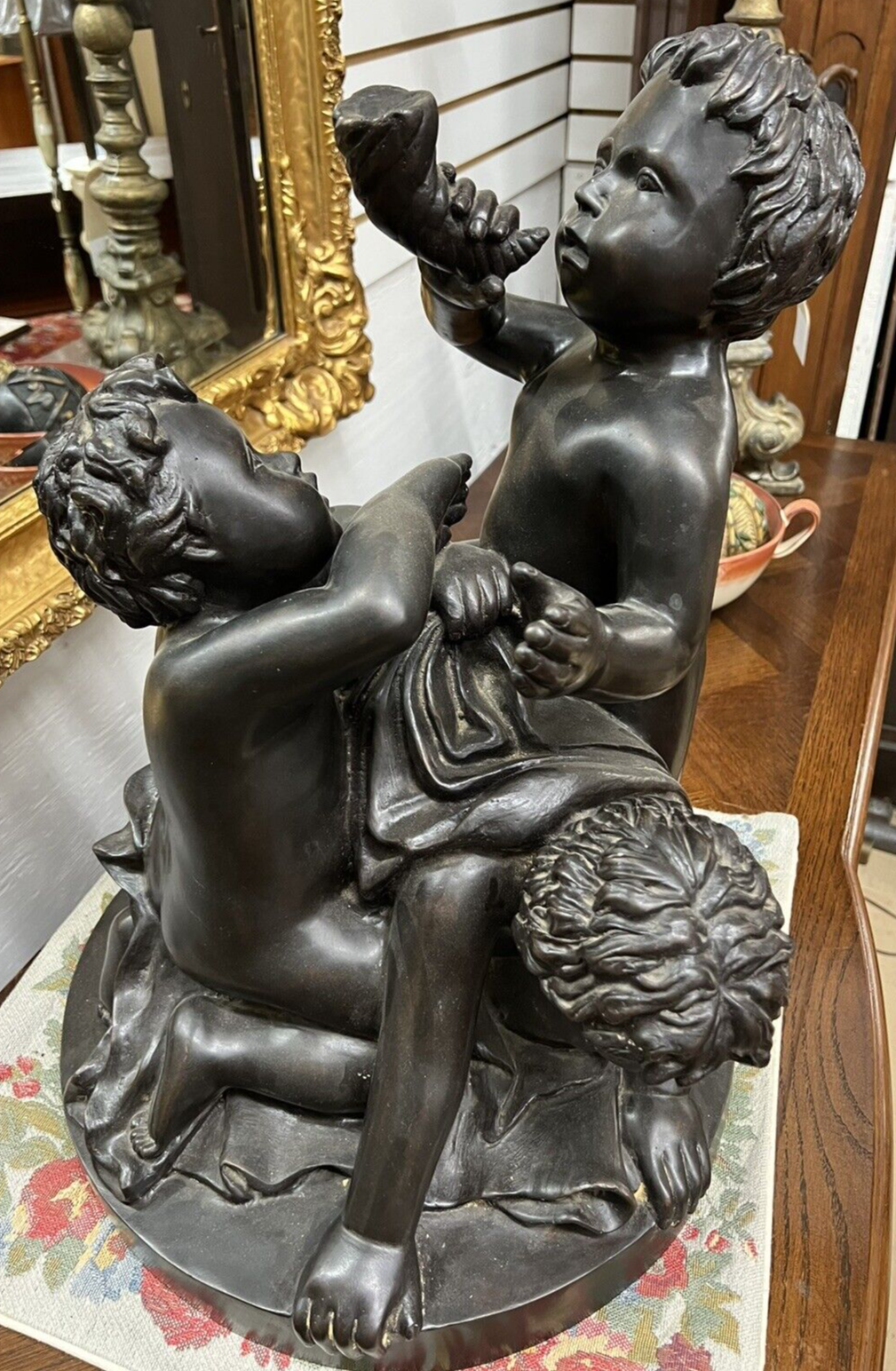 Beautiful Tabletop Solid Bronze Statue of 3 Children Playing Green Patina H 21"