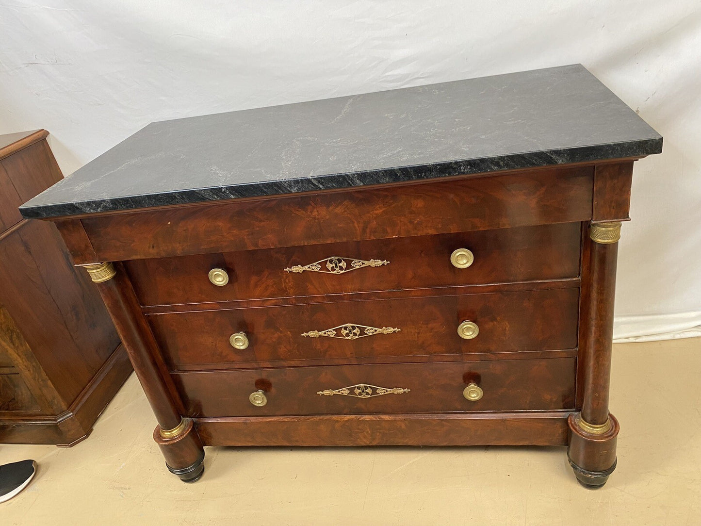 Antique Burled Walnut Mid-19th Century Empire and Marble Top Chest Commode