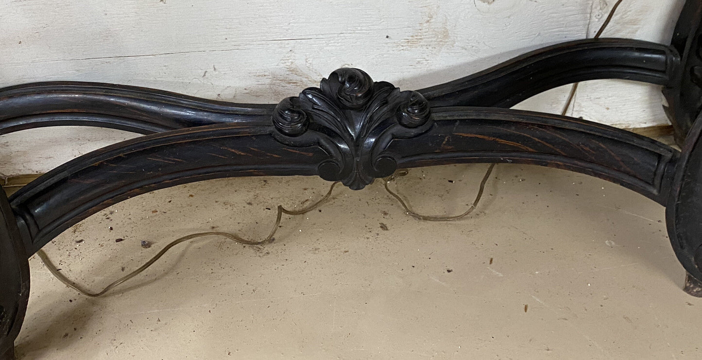 Antique French Louis XV Ebonized Bowfront Console Table w/ White Marble Top