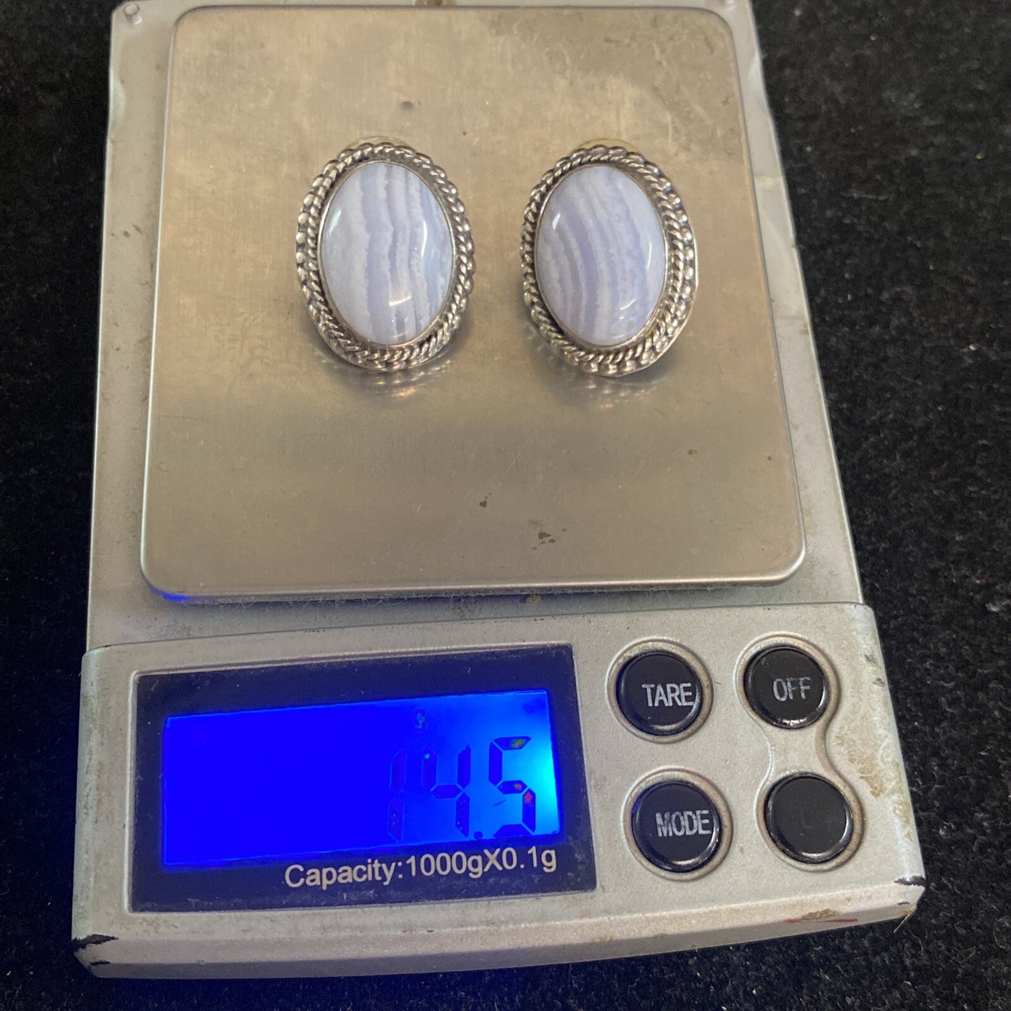 Sterling Silver 925 Granado Blue Agate Stud Earrings 14.5g