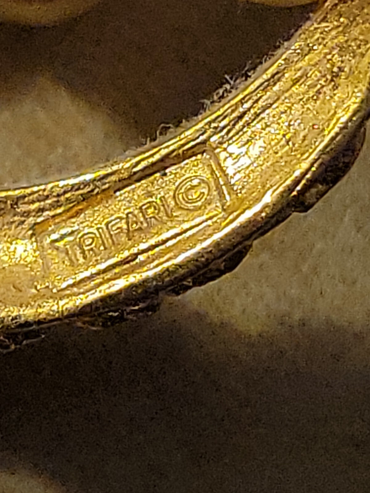 vintage signed Crown Trifari Brooch. Gold Tone Metal, Faux Pearls 1 3/4" 1950"s