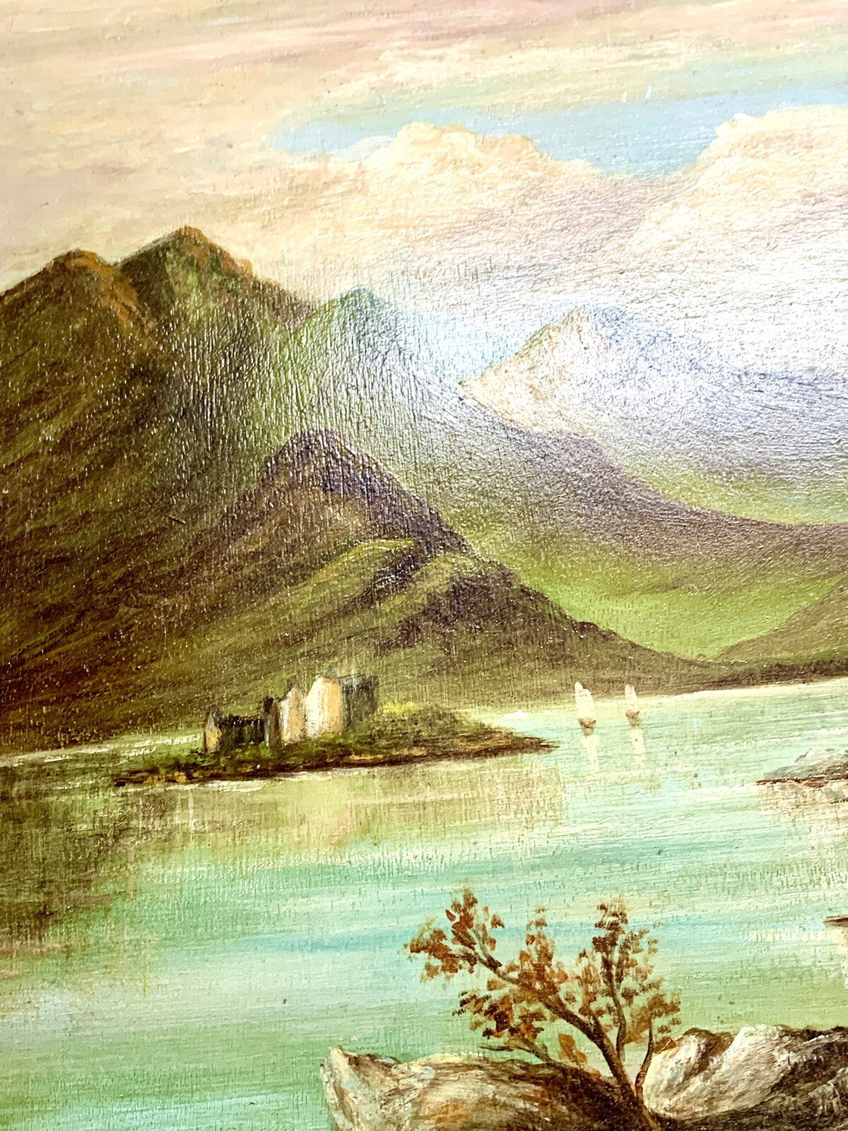 E. Thompson Oil Painting on Panel Signed 1894 Mountains & Lake Earl