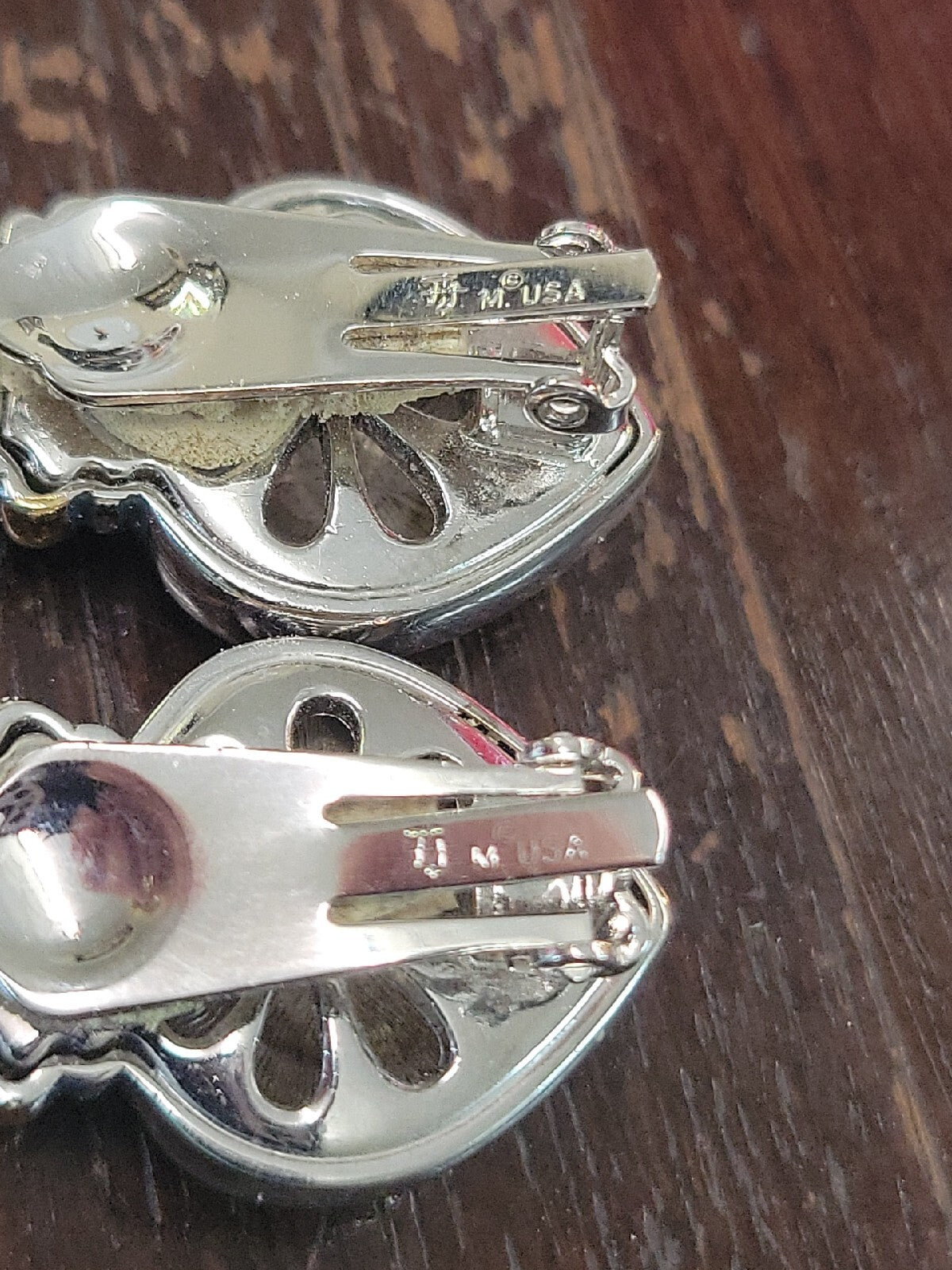 Designer Signed TJ M USA Silver and Gold Tone Heart Clip On Earrings 1"