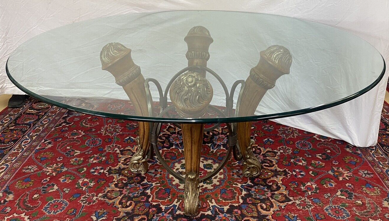 68" Round LARGE CONTEMPORARY GLASS-TOP Dining TABLE 4wood Carved & Iron Supports