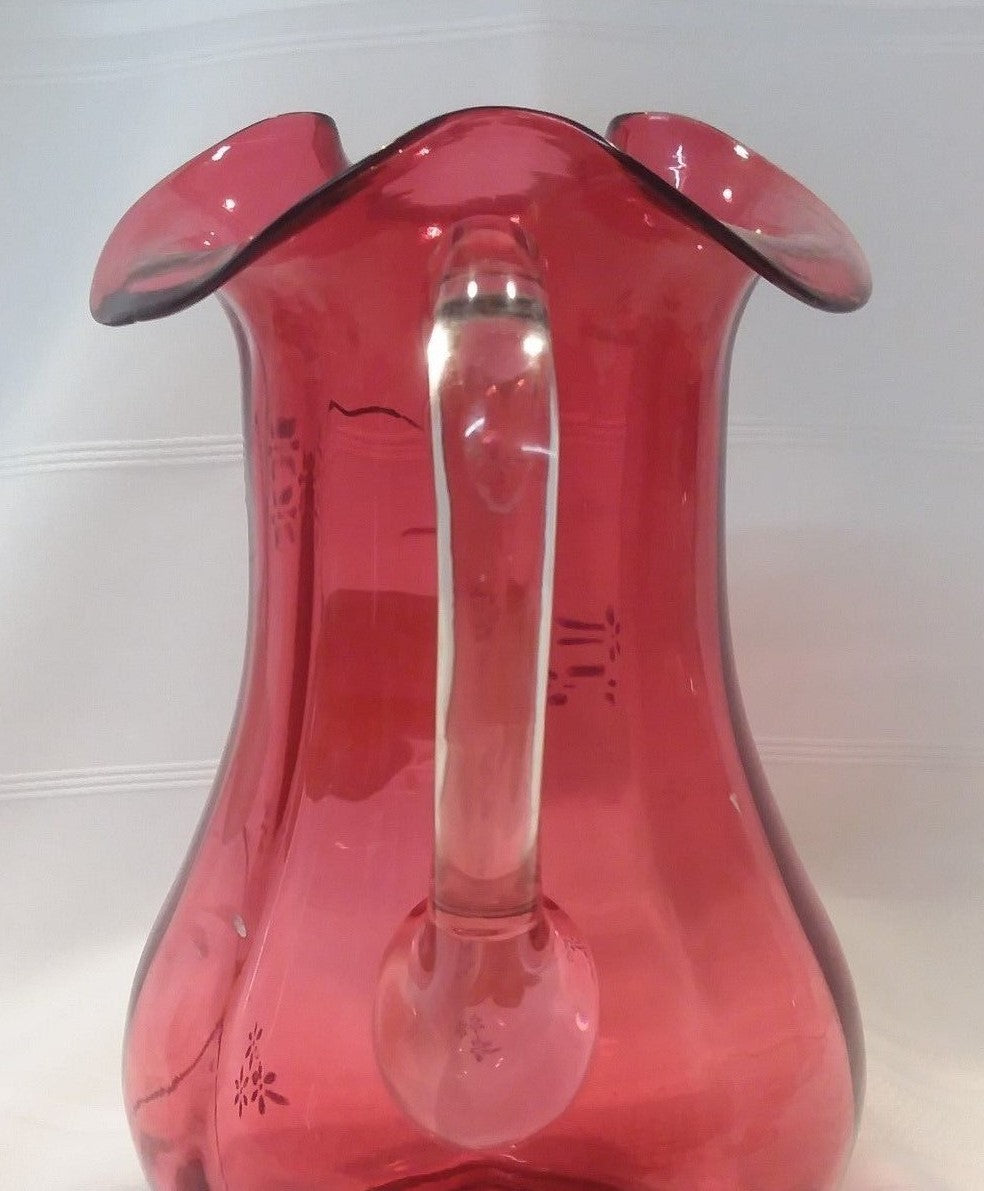 Antique Victorian Cranberry Glass 9.5" Pitcher Enameled w Yellow Tulip 100+yrs