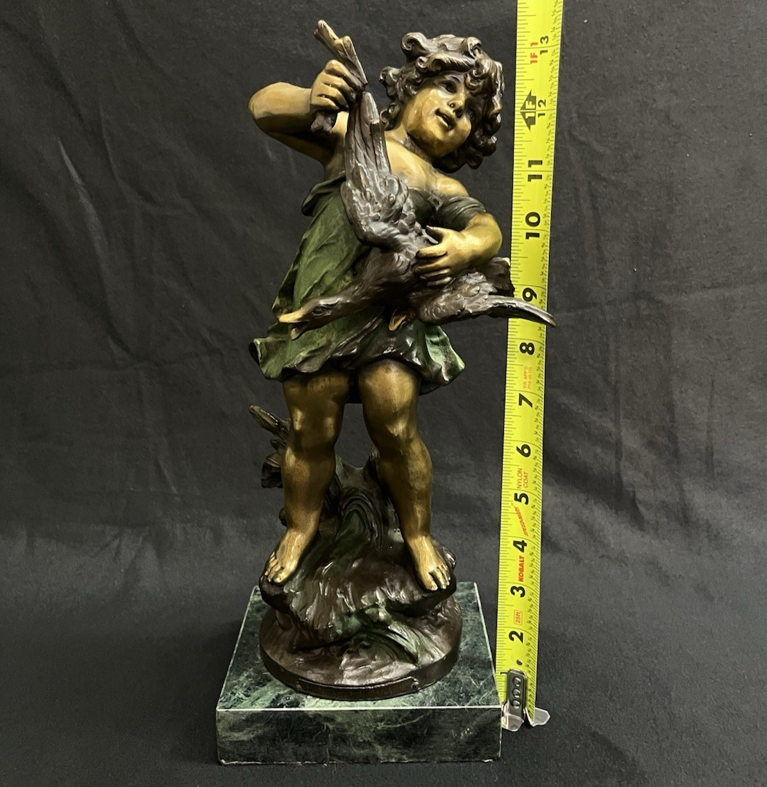 Vintage Auguste Moreau Bronze Sculpture on Marble Base Child w/ Goose Copr. 1906
