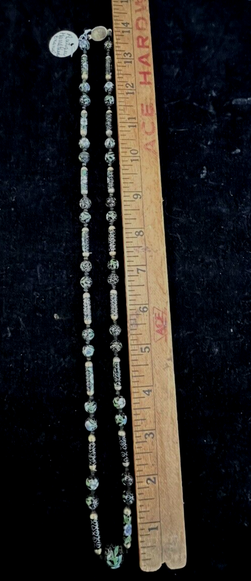 Antique Handmade 30" Cloisonne Necklace Hand Painted Black Enamel Floral Design