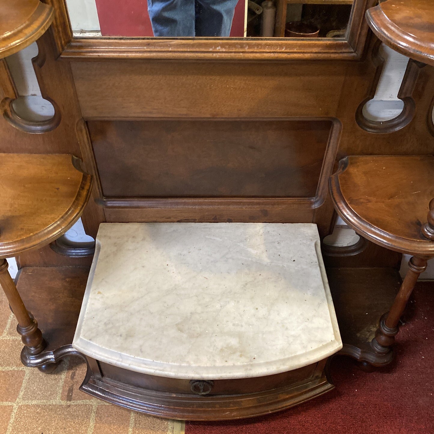 101" Tall Antique American Victorian Walnut Hall Tree Etagere w Mirror & Marble