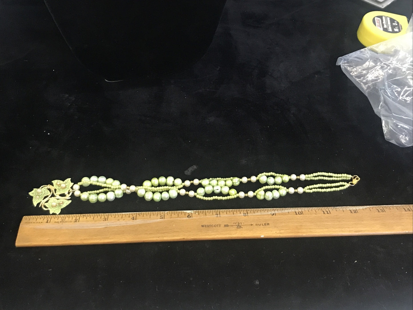 Vintage Genuine Green Freshwater Pearl Necklace with 3 Leaf Enamel Pendant