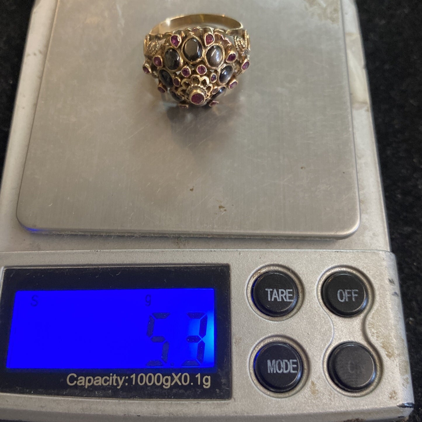 10k Yellow Gold 1960s Thailand Ring Synthetic Stones Size 7.75 5.3g