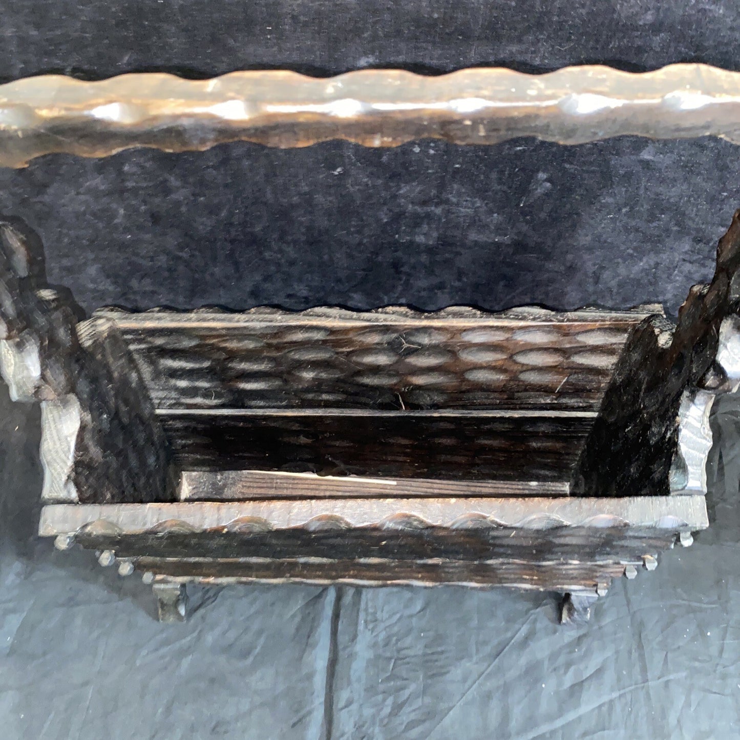 Spanish Brutalist Carved Wood Magazine Rack Vintage Farmhouse Lodge Rustic