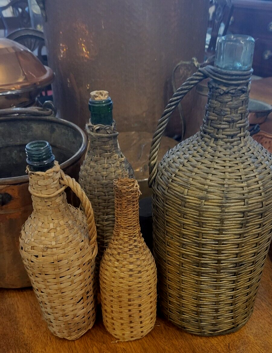 French Glass Woven Wicker Demijohn Bottle Rustic Farmhouse Wickerware Antique