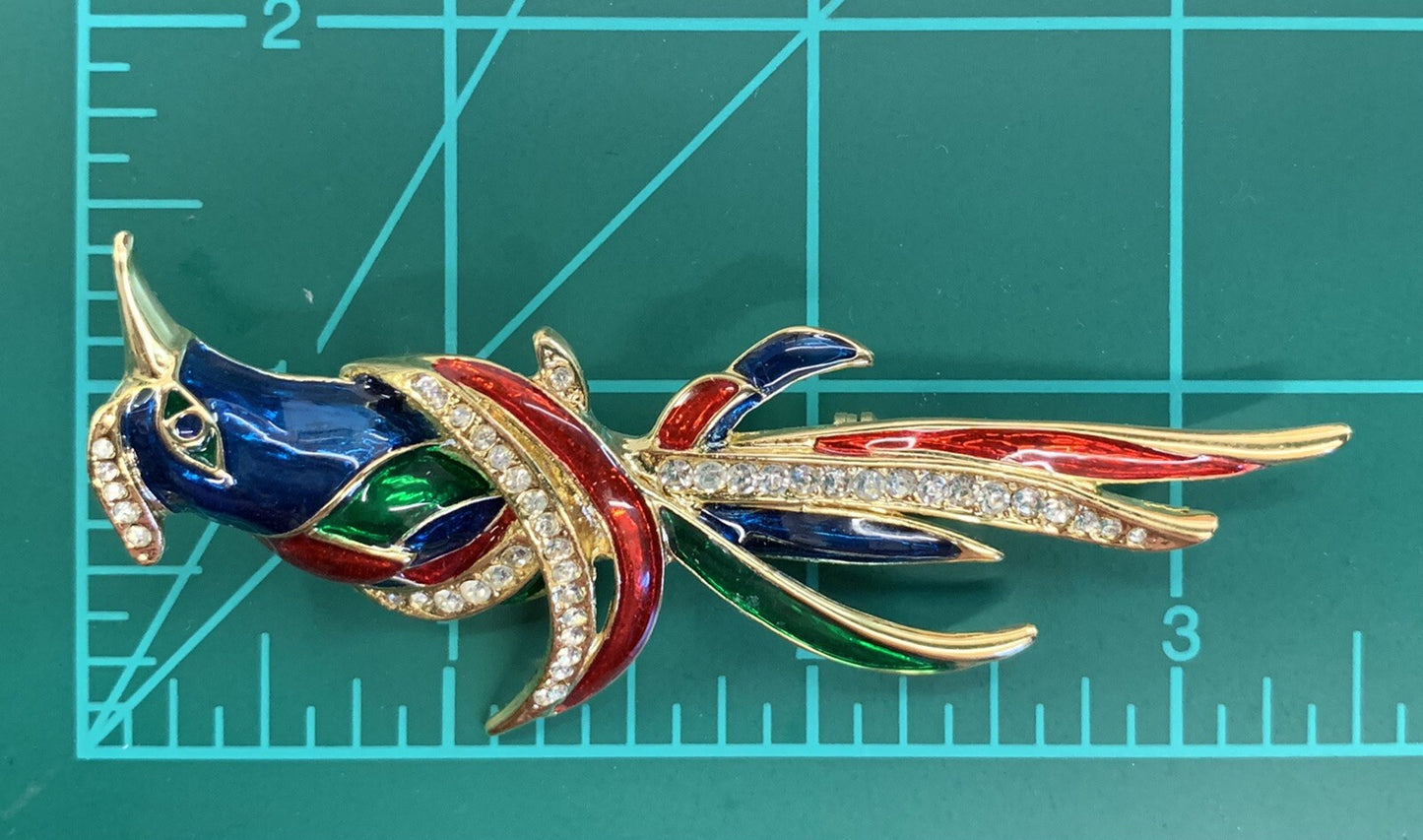 Lind Signed 14KEP Exotic Bird Parrot Pin Brooch Multicolor Rhinestones 3 1/4" H