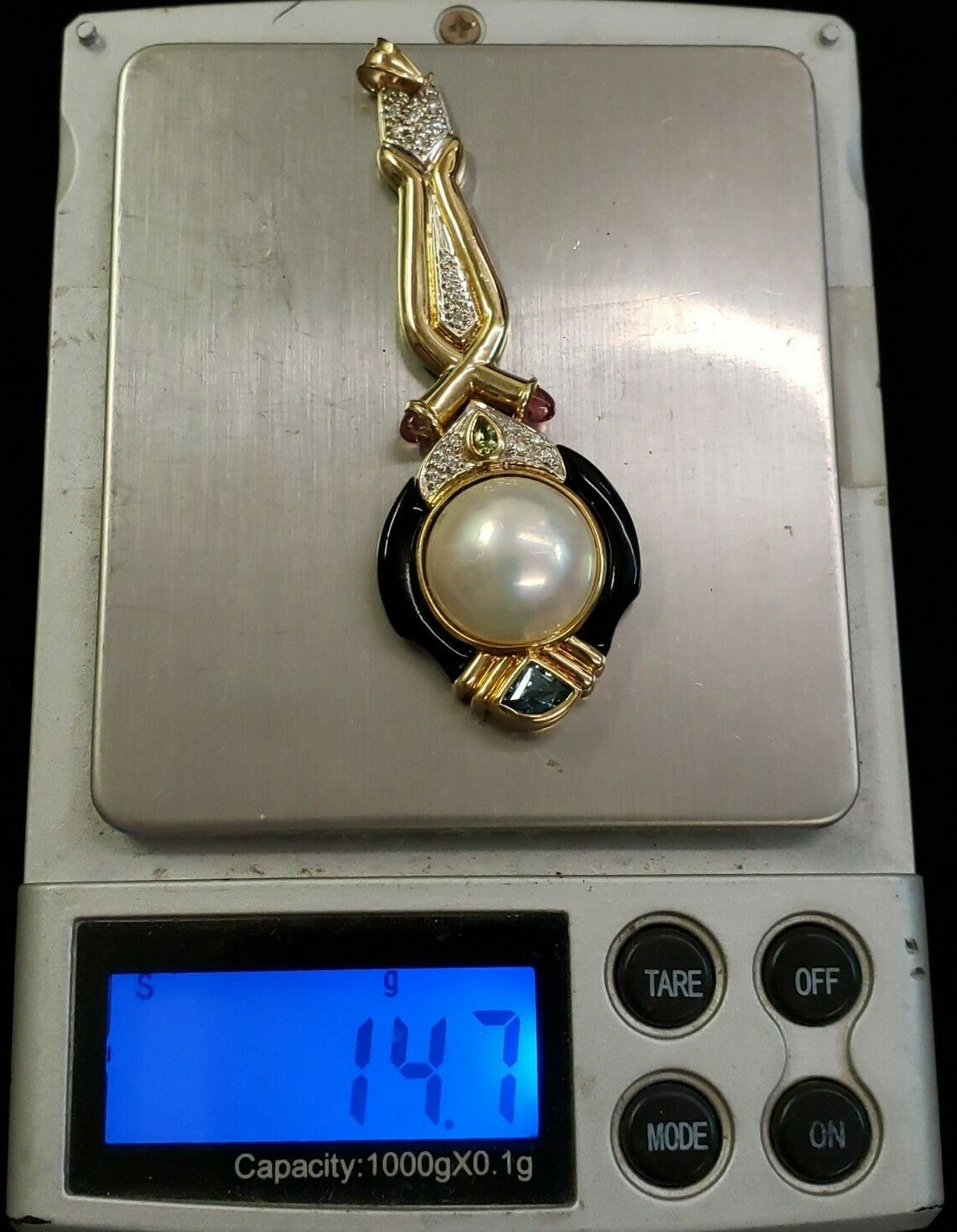 14k Mabe Pearl & Black Onyx Pendant w Amethyst Peridot Aquamarine Diamonds 14.7g