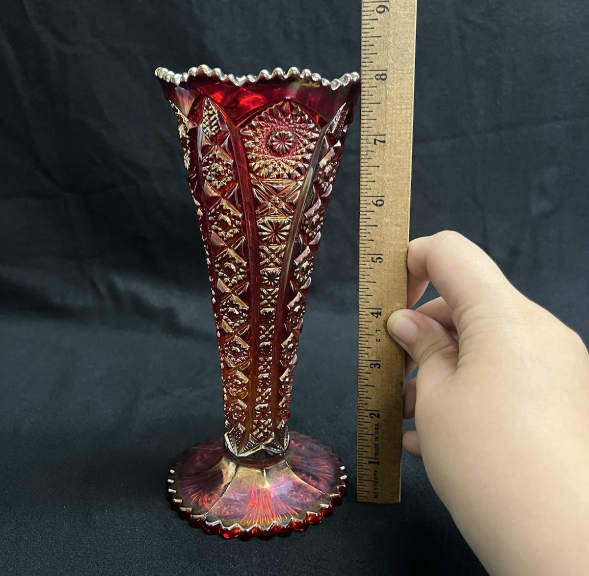 Vintage Imperial Glass Carnival Daisy and Button Sunset Red Bud Vase 8"