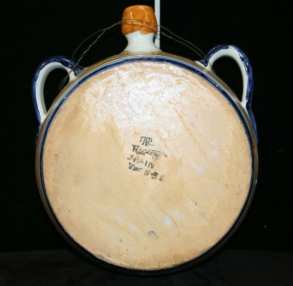 Vtg Spanish Majolica Wine Water Canteen Pilgrim Flask Pitcher Talavera