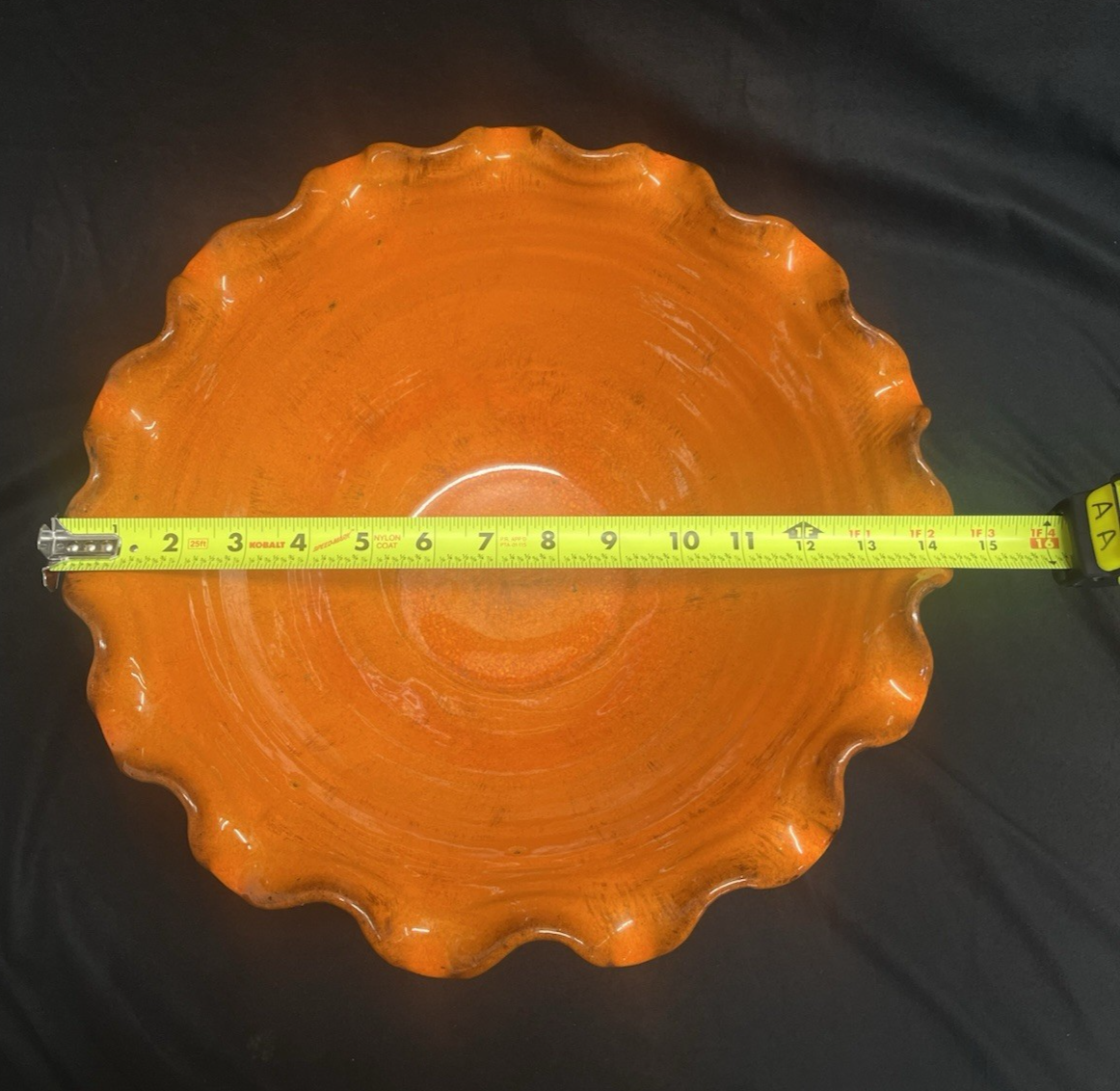 Large Stoneware Orange Glazed Ruffled Bowl w/ Handles 14.5"