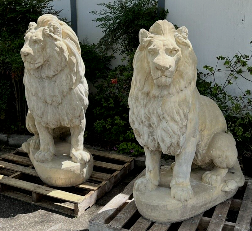 Full Size Large Pair of Belgian Cast Stone Entry Seated Lions Entrance Driveway