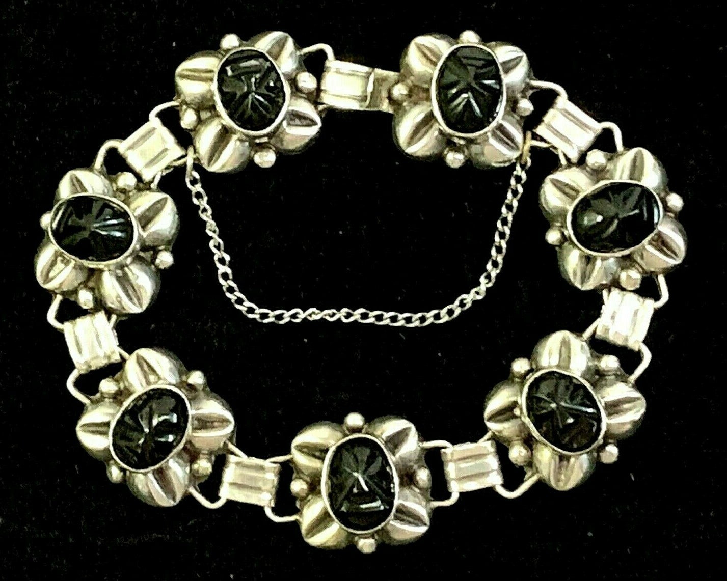 Vtg Taxco Signed Sterling Silver & Onyx 7 Link Bracelet 7 1/2" w Safety Chain