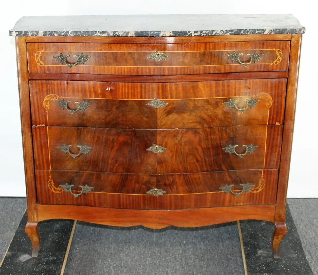 Antique French Inlaid Burl Walnut Marble Top Commode Chest of Drawers