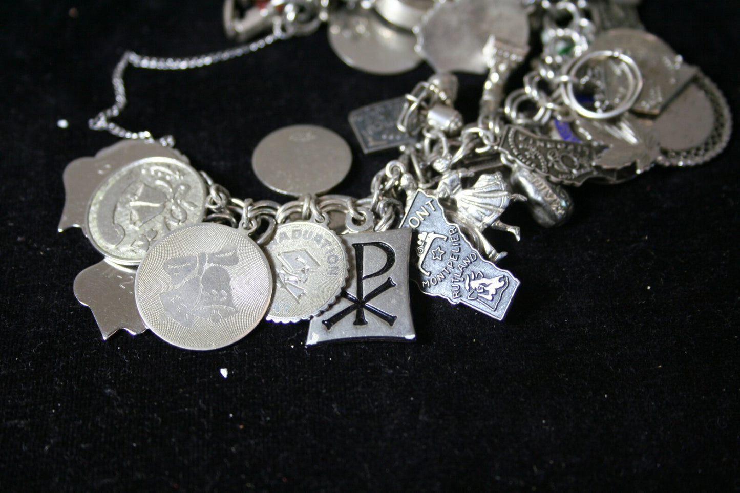 VTG Sterling Silver Charm Bracelet 7-1/4" (125 g) 1960's Safety Chain 43 Charms