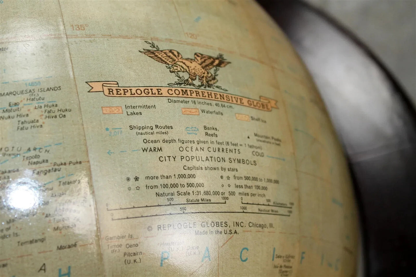 Antique Replogle Comprehensive 16" World Globe on Wood Column Base Office VTG