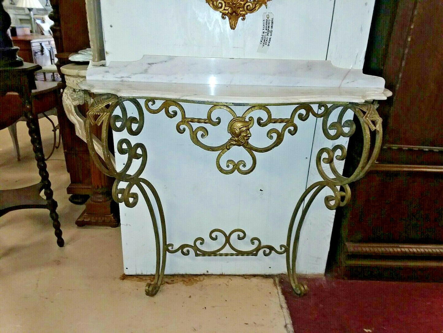 Antique Gilt Metal Console with Marble Top Entryway Italian