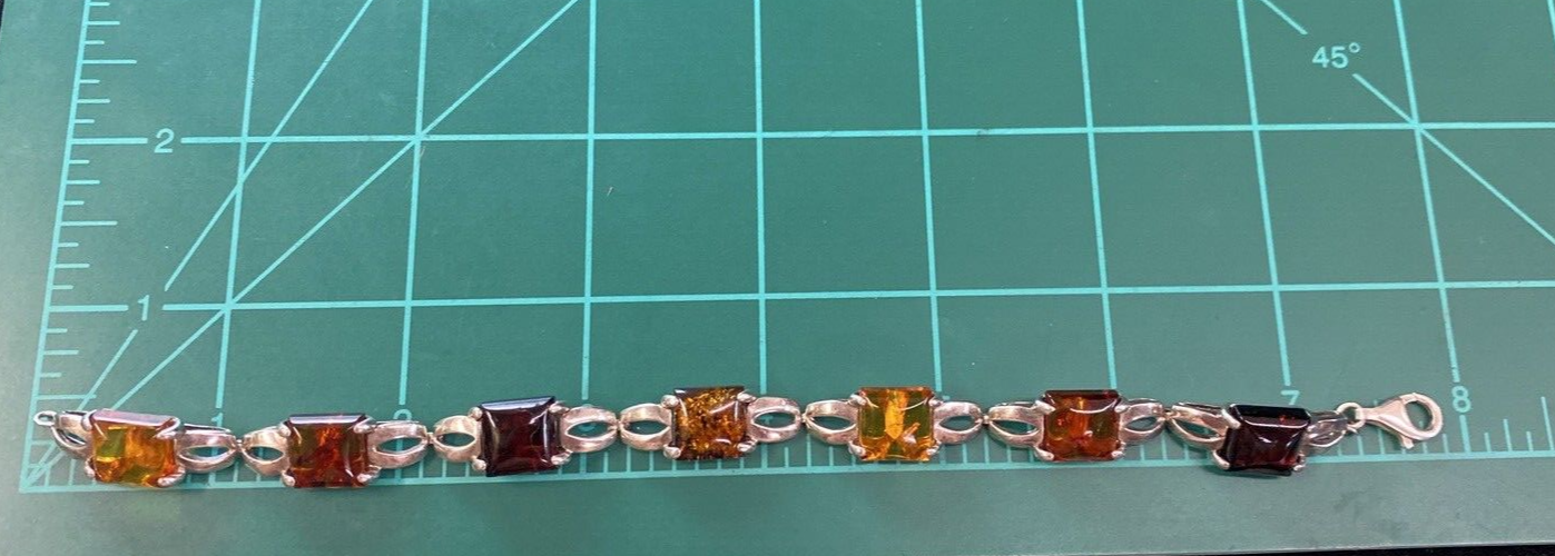 Vintage Baltic Poland Cognac Amber 925 Sterling Silver Bracelet Rectangle 15.2g